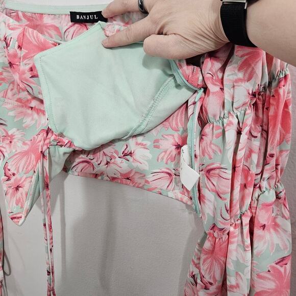 Floral Pink Puff Long Flare Sleeve Self Tie Front Crop Corset Top. Size Large - Picture 4 of 10